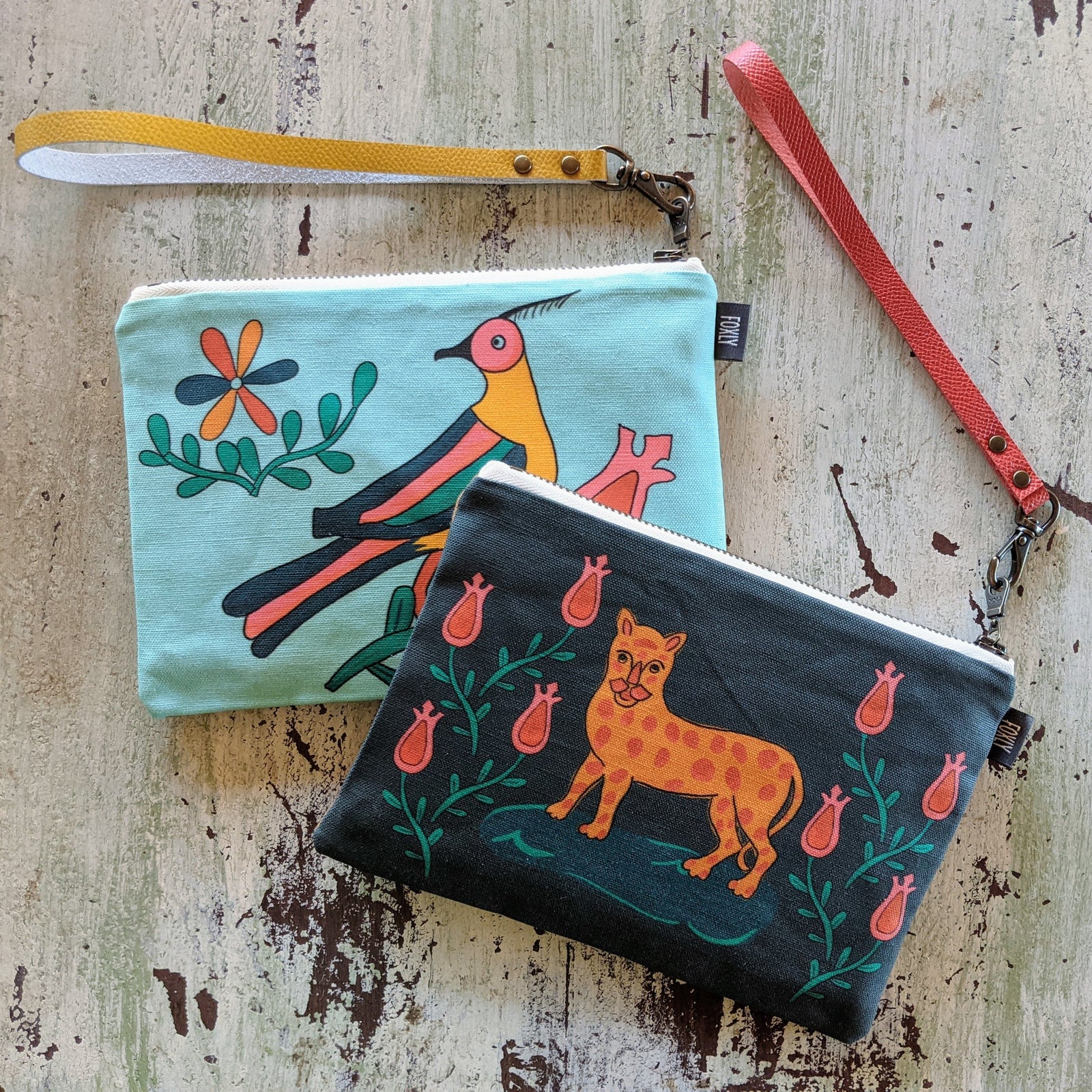 Folk Art Leopard & Bird Zipper Pouch Bags