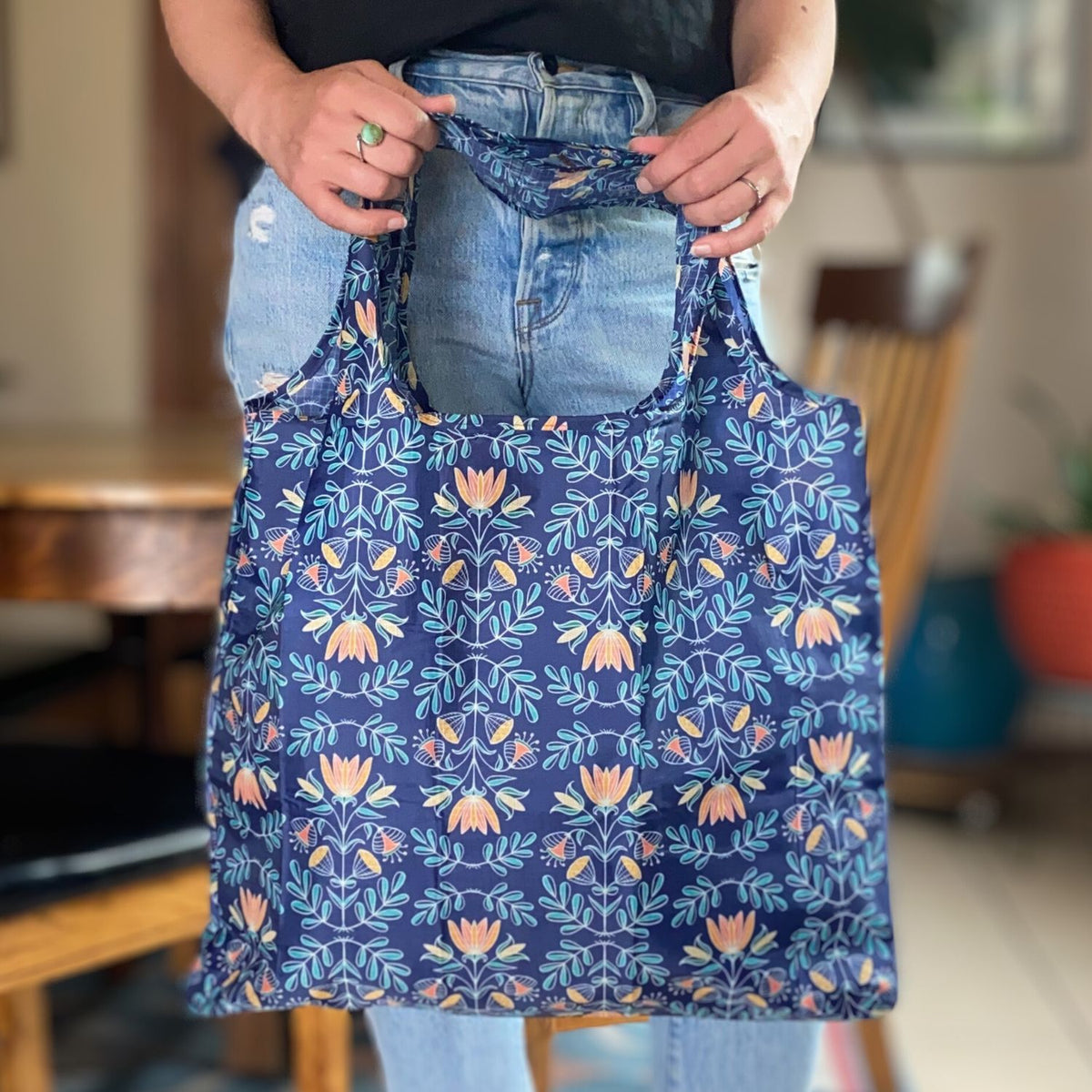 Packable Tote Bag - Blue Folk Floral