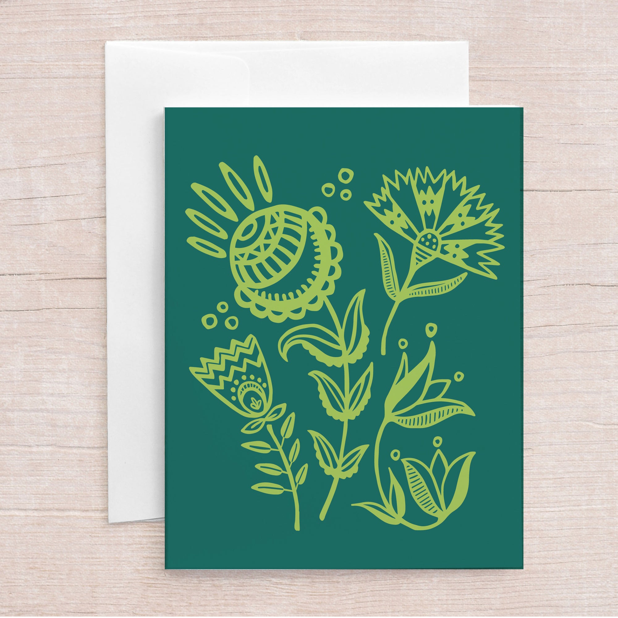 Folk Floral in Green Greeting Card
