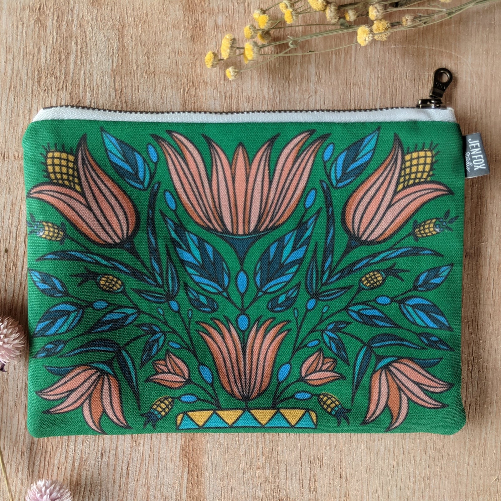Emerald Botanical Zipper Pouch - Medium Size