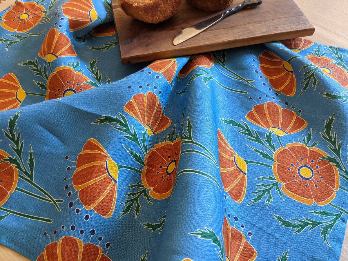 Orange Poppies on Blue Tea Towel