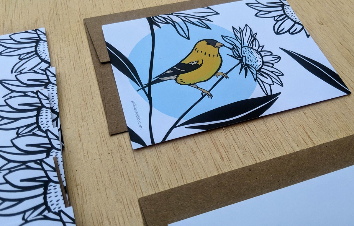 Goldfinch Sunflower Note Card Boxed Set - 8 Flat Cards