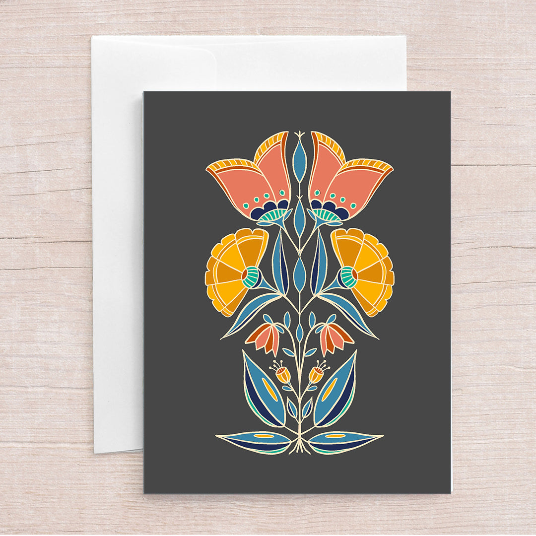 Floral Symmetry in Black Greeting Card