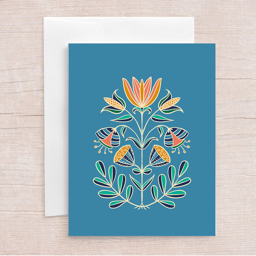 Floral Symmetry in Blue Greeting Card