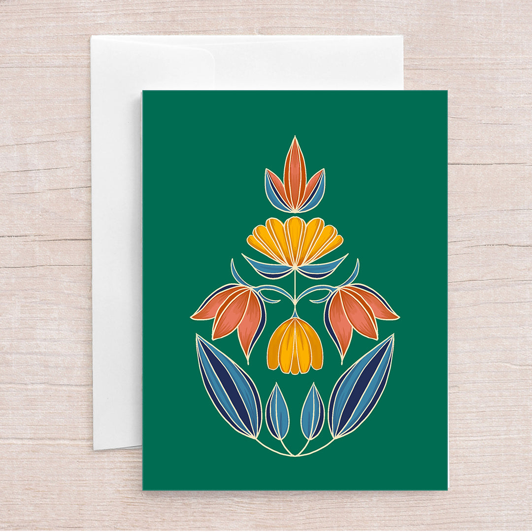 Floral Symmetry in Green Greeting Card